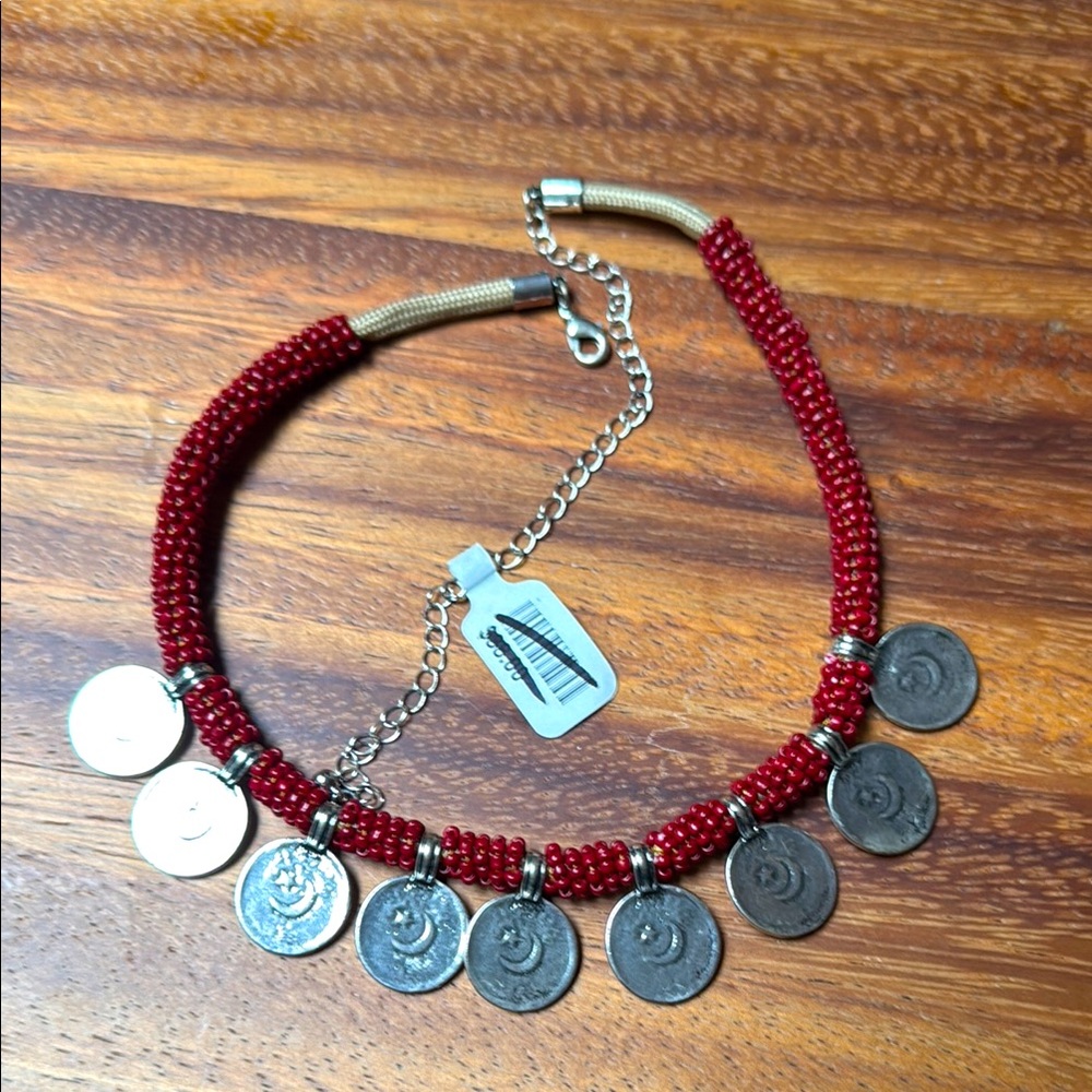 Red Beaded Coin Necklace